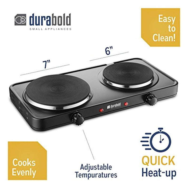 Kitchen Countertop Cast-Iron Double Burner - Stainless Steel Body – Sealed Burners - Ideal for RV, Small Apartments, Camping, Cookery Demonstrations, or as an Extra Burner – by Durabold