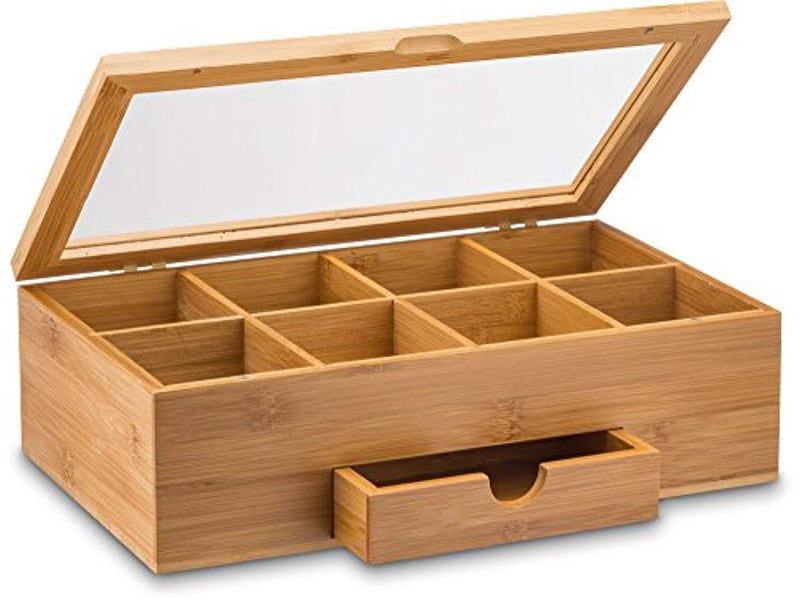 Tea Organizer Bamboo Tea Box with Small Drawer 100% Natural Bamboo Tea Chest - Great Gift Idea