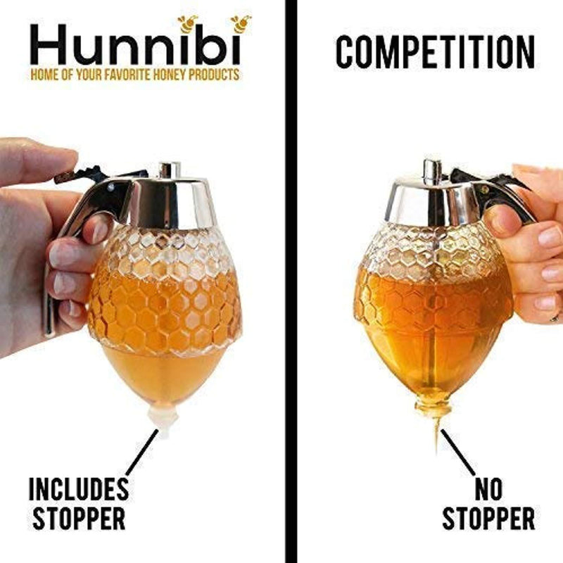 Glass Honey Dispenser Container by Hunnibi - Honey Server Drip Free With Stopper For Easy Honey Jar Refill