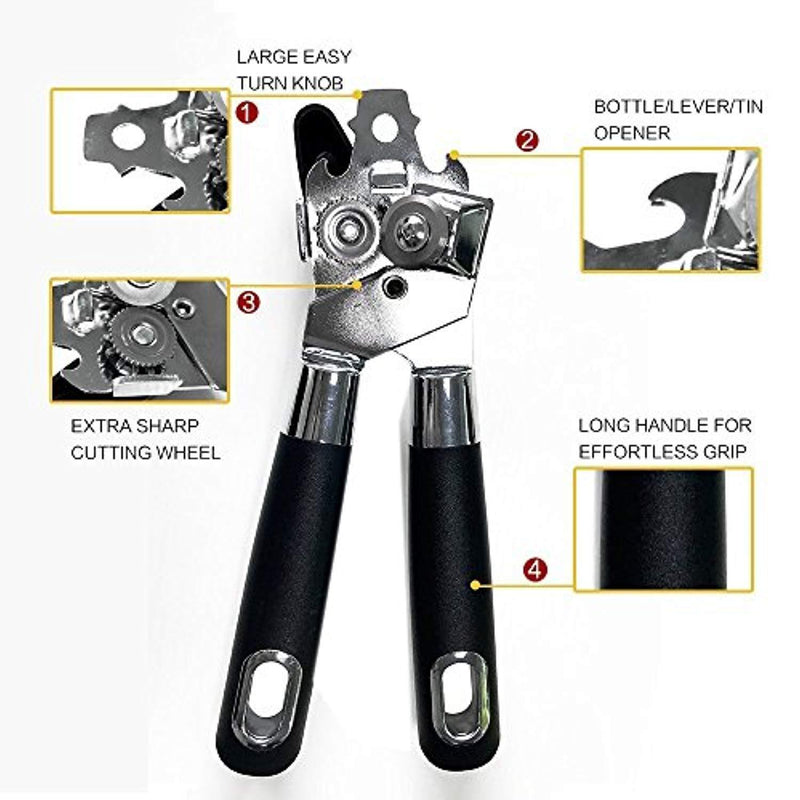 Can Opener, Manual Bottle Tin Opener Smooth Edge Heavy Duty Stainless Steel with Anti-slip Hand Grip