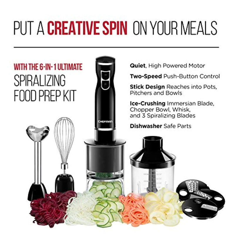 Chefman Immersion Blender & Electric Spiralizer/Vegetable Slicer 6-IN-1 Food Prep Kit, Includes 3 Spiralizing Blade Attachments, Zoodle Maker; Grate, Ribbon, Spiral, Chop, Whisk and Puree