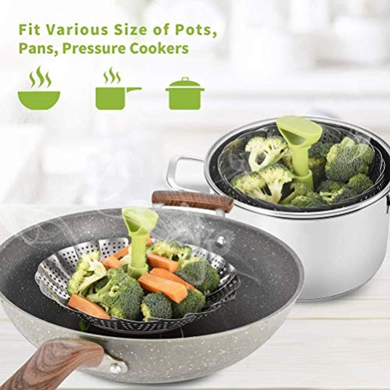 Stainless Steel Vegetable/Veggie Steamer Basket For Instant Cooking Pot With Handle And Legs, Foldable Food Container For Fish, Oyster, Crab, Seafood, Dumpling (5.1 Inch To 9 Inch, Dishwasher Safe)