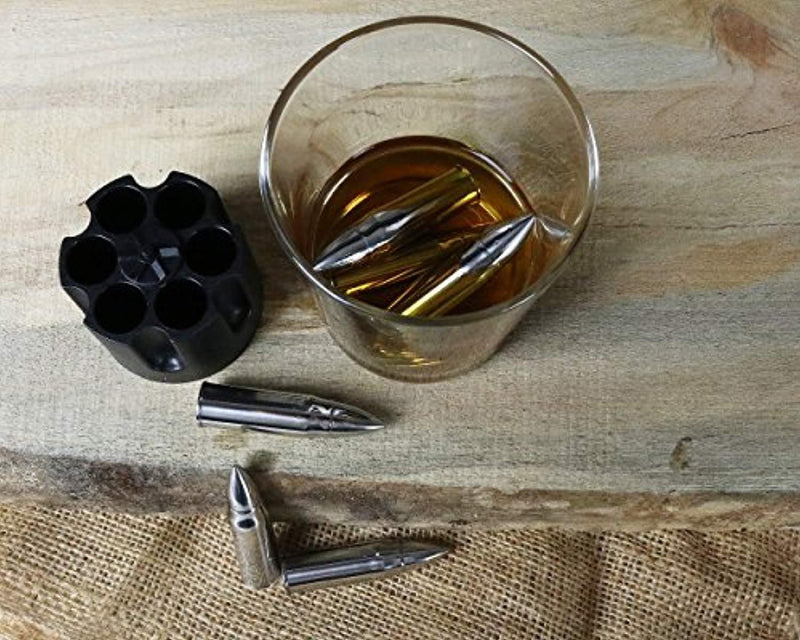 WHISKEY BULLET STONES WITH BASE - XL, 2.5" Original Extra Large Bullet-Shaped Whiskey Chillers, Unique Revolver Freezer Base, Set of 6, Gift for Whisky, Bourbon, Scotch Lovers, Groomsmen, Military by Indoor Tactics