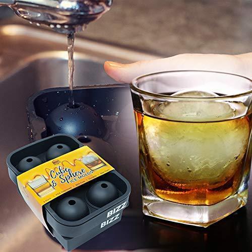 Bizz Silicone Ice Molds (2-Tray Set) Sphere and Cube Combination, Flexible, Reusable, BPA Free, Easy to Freeze, Remove Contents, Whiskey, Bourbon, Cocktail or Drink Use