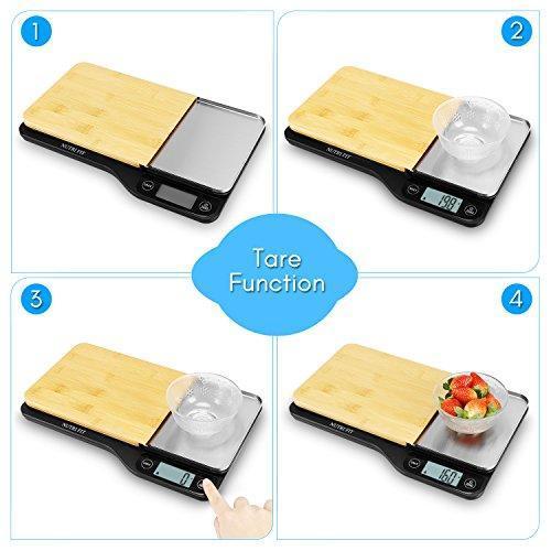 Digital Kitchen Scale with Dough Scraper, NUTRI FIT High Accuracy Multifunction Food Scale with 1.2L Removable Bowl,Tare & Auto Off Function,11lb 5kg (Bamboo)