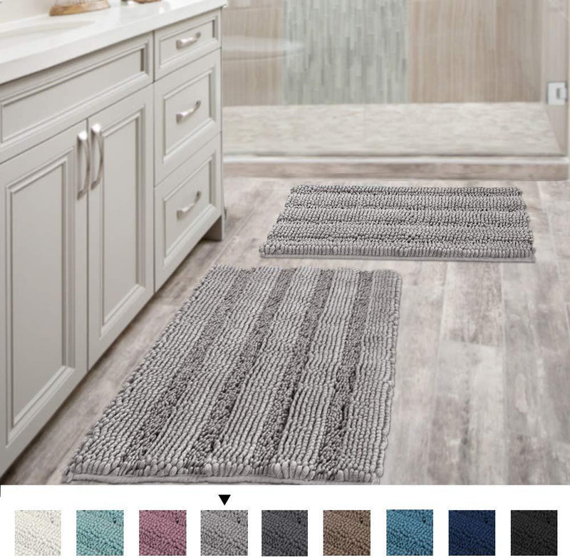 Office Marshal Grey Bath Mats for Bathroom Non Slip Ultra Thick and Soft Chenille Plush Striped Floor Mats Bath Rugs Set, Microfiber Door Mats for Kitchen/Living Room (Pack 2-20" x 32"/17" x 24")