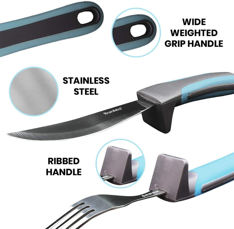 BUNMO Adaptive Utensils - Weighted Knives Forks and Spoons Silverware Set for Elderly People Disability Parkinsons Arthritis Aid Handicapped Hand Muscle Weakness Large Grip Built Up Utensils