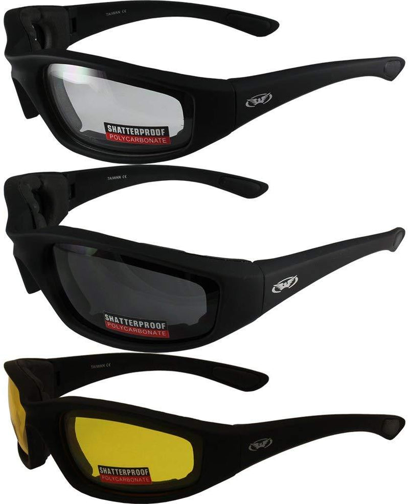 3 Pairs Kickback Foam Padded Motorcycle Sunglasses