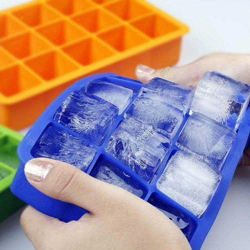 Silicone Ice Cube Trays, 3 Pack Flexible 15-Cavity Silicone Ice Cube Molds - FDA Certification, BPA Free, Stackable, Easy Release (3 colors - Orange/Blue/Green)