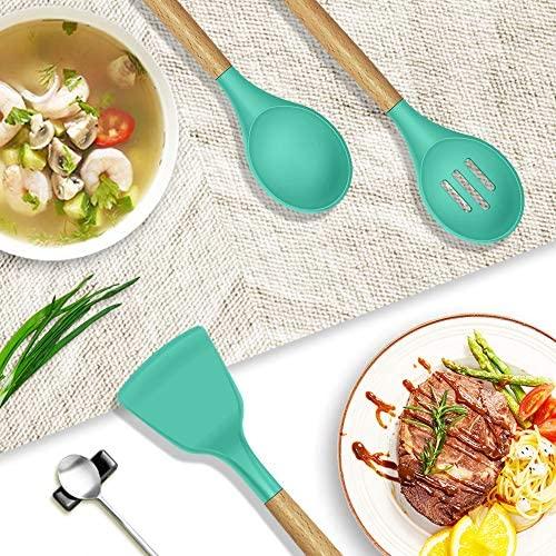 14 Pcs Silicone Cooking Utensils Kitchen Utensil Set - 446°F Heat Resistant,Turner Tongs,Spatula,Spoon,Brush,Whisk. Wooden Handles Gray Kitchen Gadgets Tools Set for Nonstick Cookware (BPA Free)