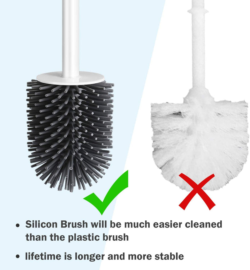 COSTOM Freestanding Toilet Bowl Brush and Holder Set with Silicone Bristles Compact for Bathroom Storage and Organization,Sturdy, Deep Cleaning, Covered Brush-White