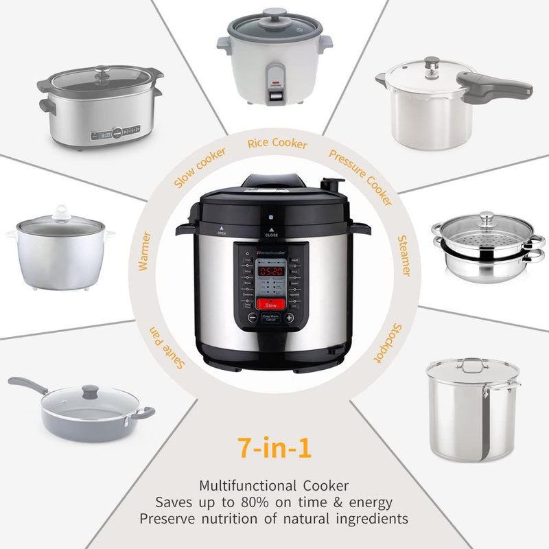 Homeleader 6 Quart 7-in-1 Multi-Use Programmable Pressure Cooker, Pressuer Cooker,Slow Cooker,Rice Cooker, Steamer, Sauté, Soup Maker and Warmer