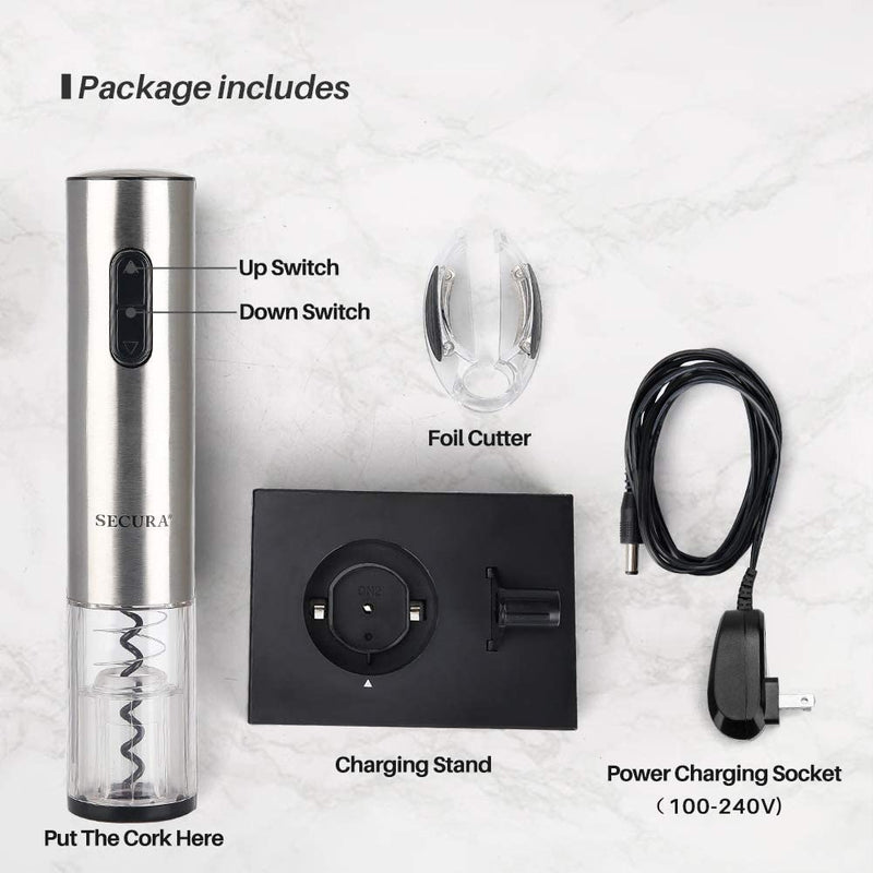 Secura Electric Wine Opener, Automatic Electric Wine Bottle Corkscrew Opener with Foil Cutter, Rechargeable (Stainless Steel)