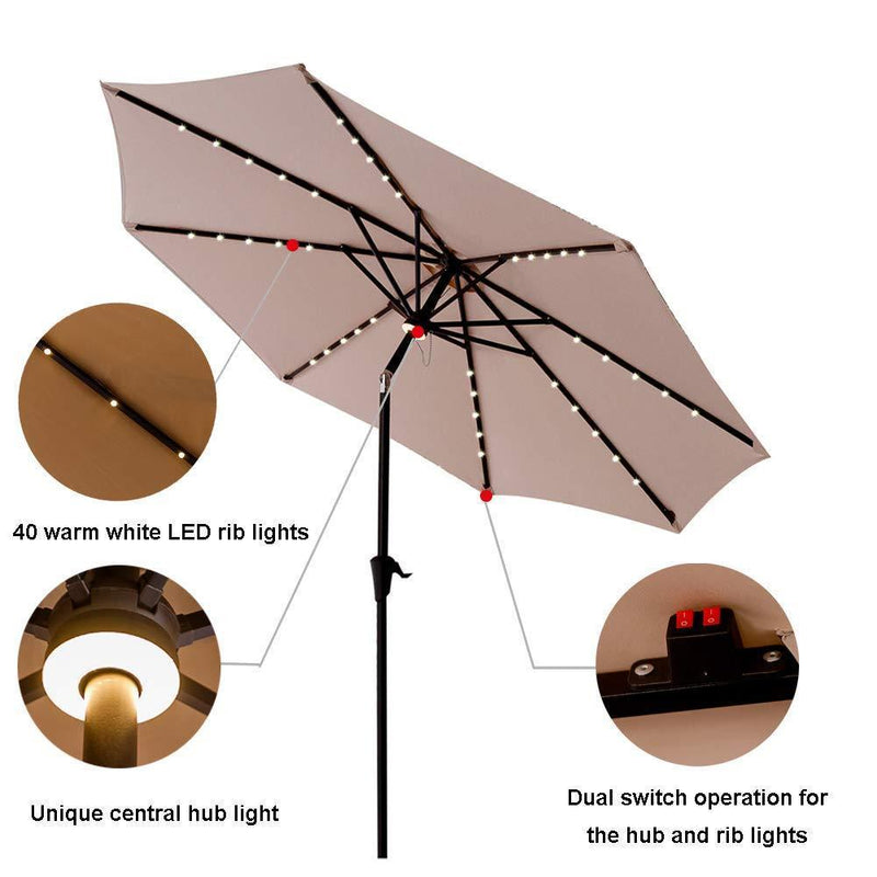 C-Hopetree 9ft LED Lighted Solar Outdoor Patio Market Umbrella for Balcony Table Deck Garden Shade or Pool with Tilt, Beige