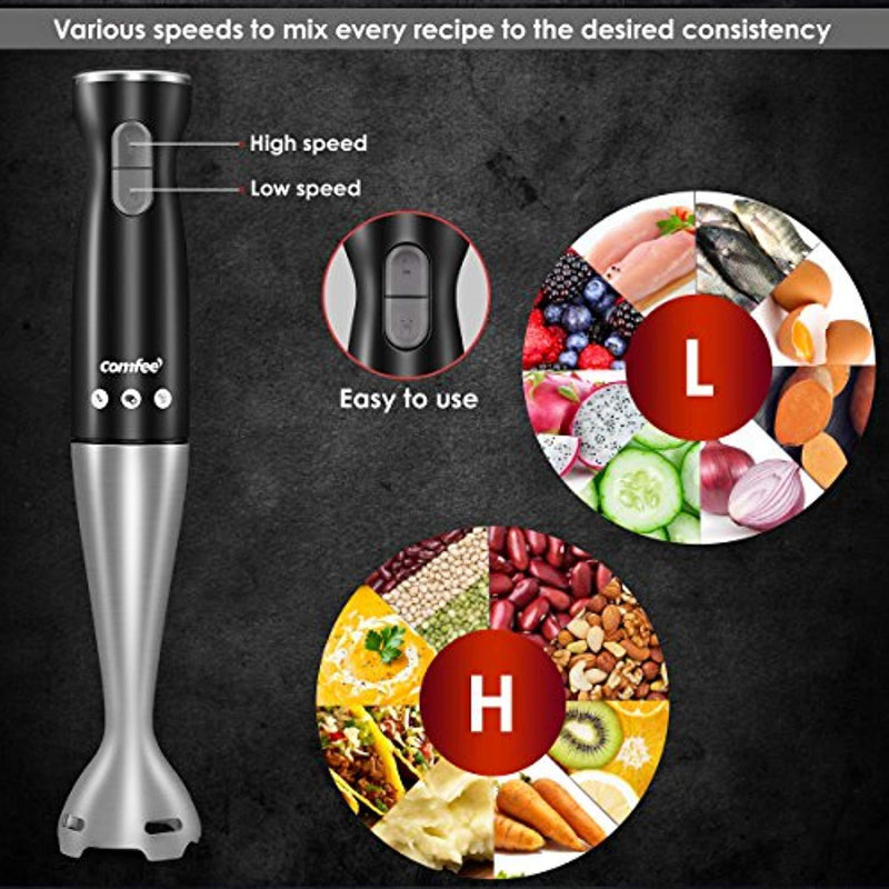 Electric Hand Immersion Blender, 4-in-1 Hand Mixer with 500ml Food Chopper, 600ml Beaker, Balloon Whisk, Stainless Steel Blending Shaft by Comfee (Black)