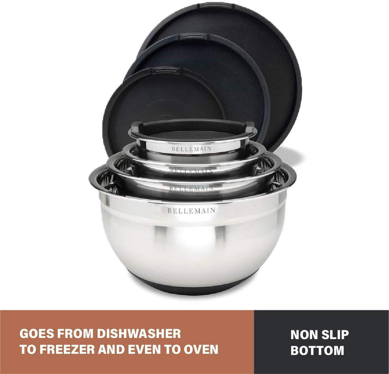 Top Rated Bellemain Stainless Steel Non-Slip Mixing Bowls with Lids, 4 Piece Set Includes 1 Qt, 1.5 Qt, 3 Qt. & 5 Qt.