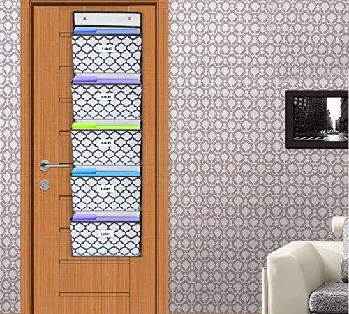 Over The Door Hanging File Organizer Wall Mounted, Office Supplies Storage Holder Pocket Chart for Magazine,Notebooks,Planners,File Folders,5 Large Pockets Grey