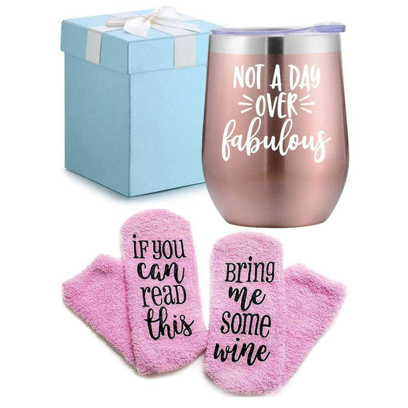 Wine Gifts Set for Women Wine Socks Gifts + Wine Tumbler with Funny Saying Not a Day Over Fabulous, Gift Baskets for Birthday Women, Mom, Grandma, Wife, Aunt, Daughter by Mavisgifts