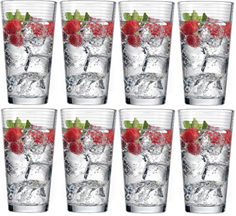 Set of 16 Heavy Base Ribbed Durable Drinking Glasses Includes 8 Cooler Glasses(17oz) and 8 Rocks Glasses(13oz), 16-piece Elegant Glassware Set