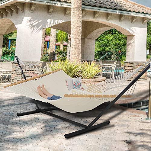 Patio Watcher 11 Feet Quilted Fabric Hammock with Pillow, Double Hammock with Bamboo Wood Spreader Bars, Perfect for Outdoor Patio Yard, Dark Blue