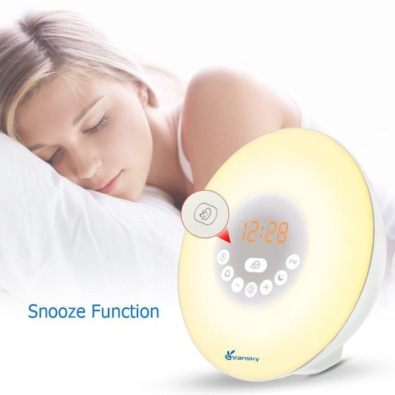 Sunrise Alarm Clock for Heavy Sleepers, Vansky Wake Up Light Digital Clock Multi-Colorful Night Light Bedside Lamp with Snooze Function, 6 Nature Sounds, FM Radio, Brightness Adjustable