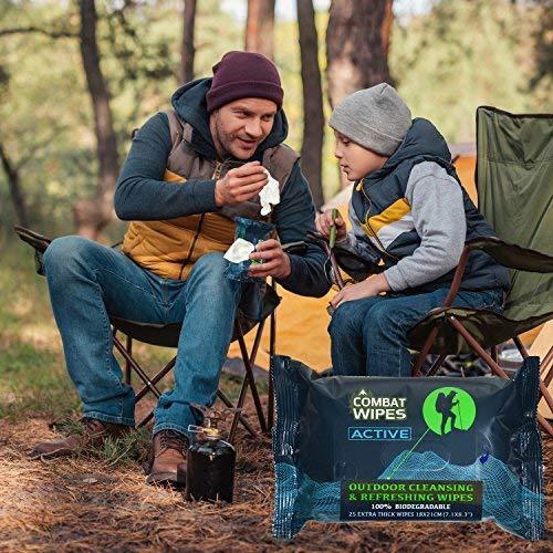 Combat Wipes ACTIVE Outdoor Wet Wipes | Extra Thick, Ultralight, Biodegradable, Body & Hand Cleansing/Refreshing Cloths for Camping, Travel, Gym & Backpacking w/ Natural Aloe & Vitamin E (25 Wipes)