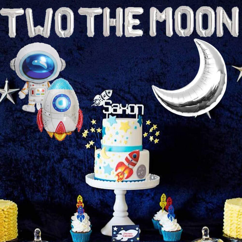 HEETON Two the Moon Balloons, 2 the Moon Space Birthday Party Banner, Galaxy Astronaut Space Man Robot UFO Theme baby 2nd Birthday Party Supplies Decoration