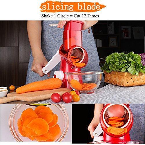 Vegetable Mandoline Chopper,Upintek 3-Blades Manual Vegetable Slicer,Efficient and Fast Vegetable Fruit Cutter Cheese Shredder, Speedy Rotary Drum Grater Slicer with Strong-Hold Suction Cup(Red)