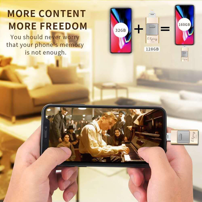 USB Flash Drive for iPhone_ E&jing iPhone Flash Drive 128GB Type C iPhone External Storage USB C 3.0 photostick Mobile for iPhone,Android Type C,PC Photo iPhone Picture Stick (Gold)