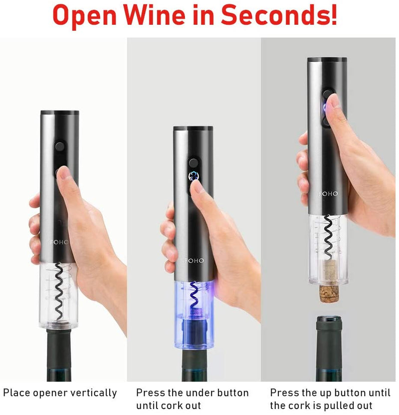 FOHO Electric Wine Opener, 6 in 1 Cordless Automatic Corkscrew Set, Gift Box contains Air Pressure Wine Opener, Foil Cutter