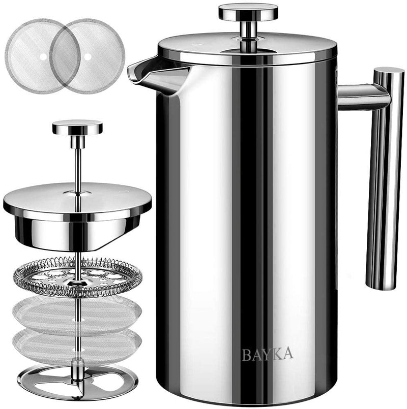 BAYKA French Press Coffee Maker, Stainless Steel 34oz Double-Wall Metal Insulated Coffee Tea Makers with 4 Level Filtration System, Rust-Free, Dishwasher Safe