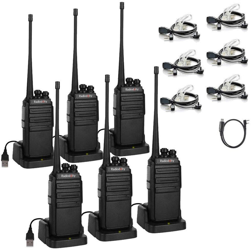 Radioddity GA-2S Long Range Walkie Talkies UHF Two Way Radio for Hunting/Fishing/Camping/Security with Micro USB Charging + Air Acoustic Earpiece with Mic + 1 Programming Cable (6 Pack)