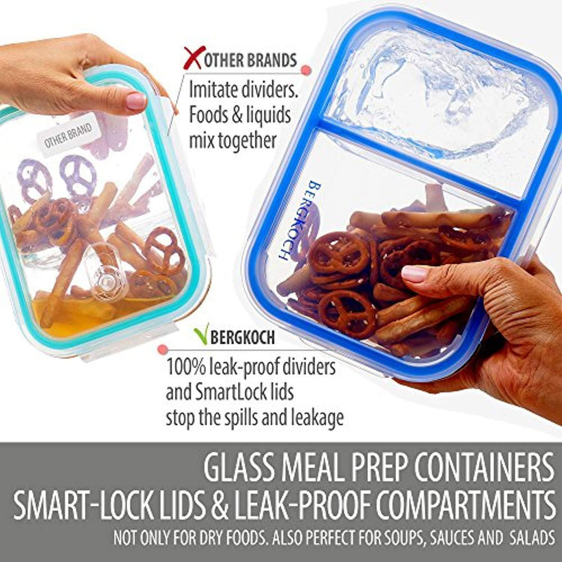 Sale 3 Pack Glass Meal Prep Containers 2 Compartment BPA Free Leakproof Glass Food Storage Containers Airtight Locking Lids Bento Lunch Box Containers Set in Large Insulated Thermal Cooler Lunch Bag