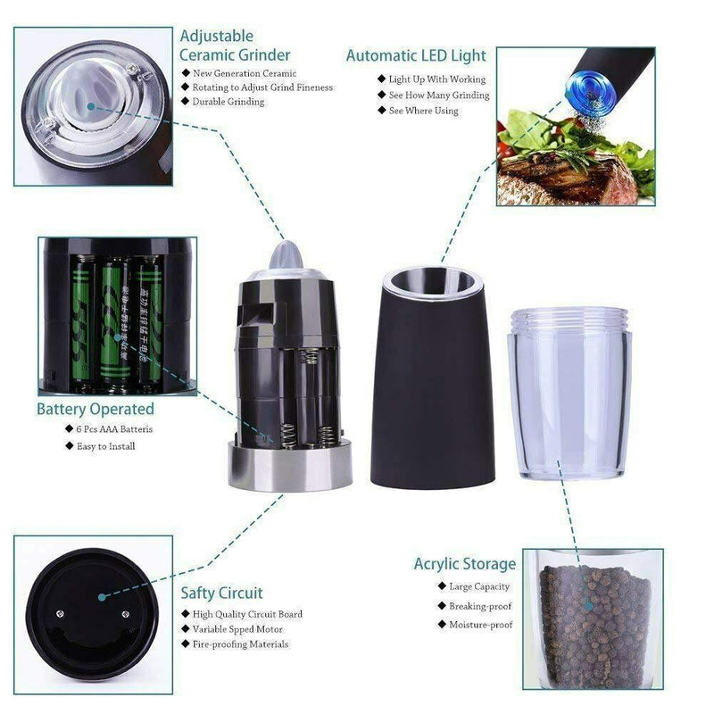 Gravity Electric Salt and Pepper Grinder, Automatic Battery Powered Matte Black Salt and Pepper Grinder Mill Set with Blue LED Light,2 Pack