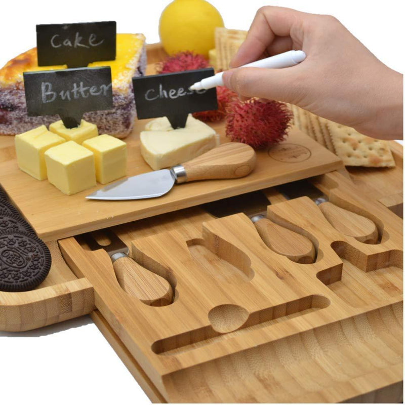 Bamboo Cheese Board & Cutlery Set with Slide-Out Drawer, 4 Stainless Steel Knife, Wood Platter & Serving Tray. Includes 3 Label & Chalk, Unique Gift Idea for Mom, Wedding Day, Engagement and Birthday