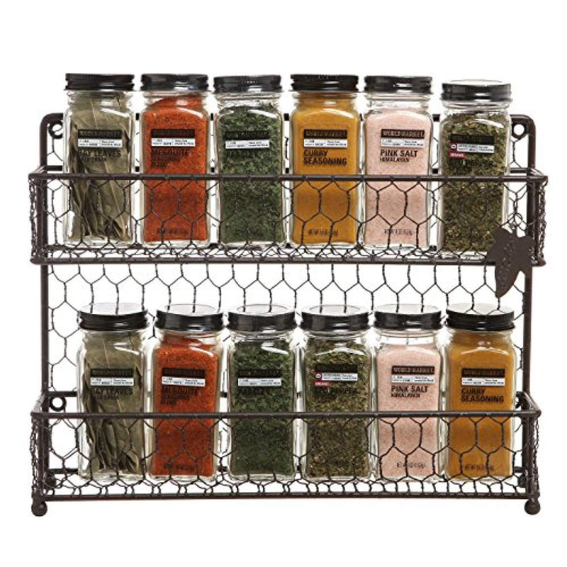 MyGift Rustic Brown Dual Tier Wire Spice Rack Jars Storage Organizer (Kitchen Countertop or Wall Mount)