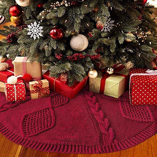 LimBridge Christmas Tree Skirt, 48 inches Diamond Knit Knitted Thick Rustic Xmas Holiday Decoration, Burgundy