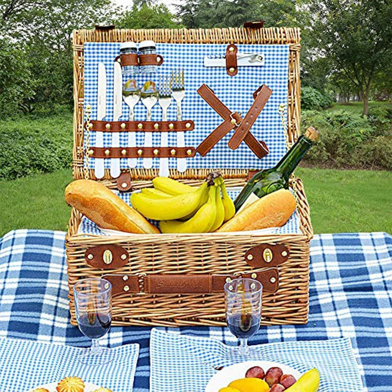 SatisInside New 2019 USA Insulated Luxury 29Pcs Kit Wicker Picnic Basket Set for 4 People - Reinforced Handle - Plus A Free Waterproof Fleece Blanket Worth $16.99 - Grey Stripes