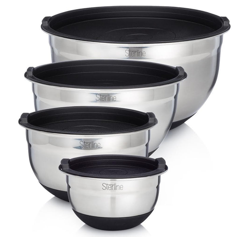 Sterline Stainless Steel Mixing Bowl Set of 4 w/Lids, Non-Slip Mixing Bowls .75, 1.5, 3, 5-Quarts w/Measurement Displayed Inside, Small-Large Nesting Bowls, Cooking and Kitchen Essentials, Silver