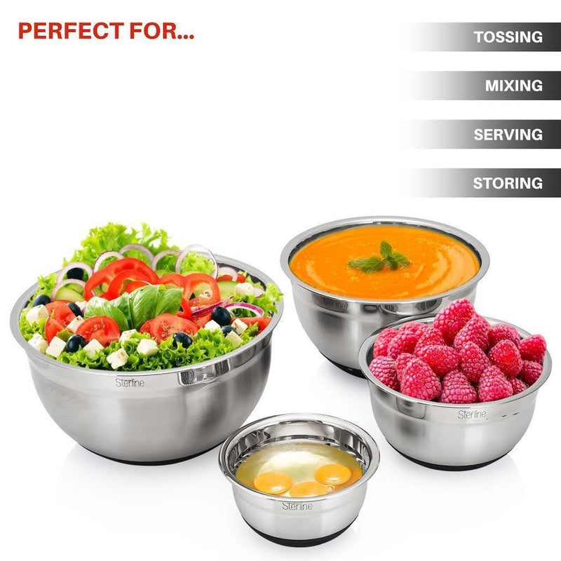 Sterline Stainless Steel Mixing Bowl Set of 4 w/Lids, Non-Slip Mixing Bowls .75, 1.5, 3, 5-Quarts w/Measurement Displayed Inside, Small-Large Nesting Bowls, Cooking and Kitchen Essentials, Silver