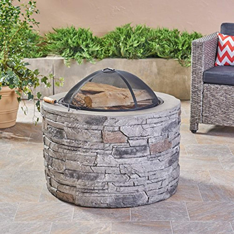 Great Deal Furniture Dione Outdoor 32" Wood Burning Light-Weight Concrete Round Fire Pit, Grey