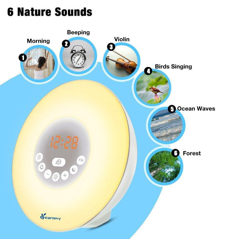Sunrise Alarm Clock for Heavy Sleepers, Vansky Wake Up Light Digital Clock Multi-Colorful Night Light Bedside Lamp with Snooze Function, 6 Nature Sounds, FM Radio, Brightness Adjustable
