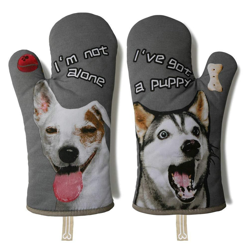 GREVY Cotton Oven Mitts Heat Resistant Baking Glove 100% Cotton Lining 13"(Cute Dog,Potholder Kitchen Gloves) (Beige)