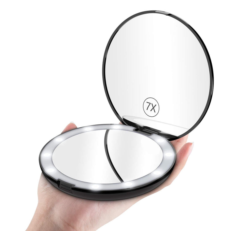 Benbilry LED Lighted Travel Makeup Mirror, 1x/7x Magnification, 5 Inch Dual Sided Vanity Mirror with Lights Portable Compact Illuminated Cosmetic Mirror – Perfect for Handbag (Black)