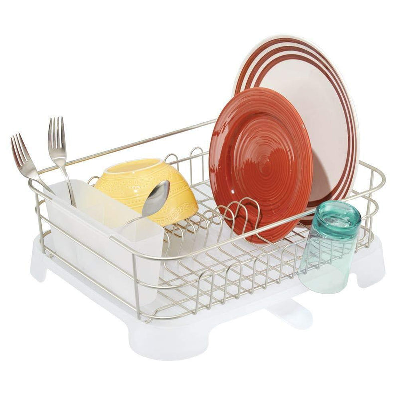 mDesign Large Kitchen Countertop, Sink Dish Drying Rack with Removable Cutlery Tray and Drainboard with Adjustable Swivel Spout - 3 Pieces, Silver Wire/Black Plastic Cutlery Caddy and Drainboard