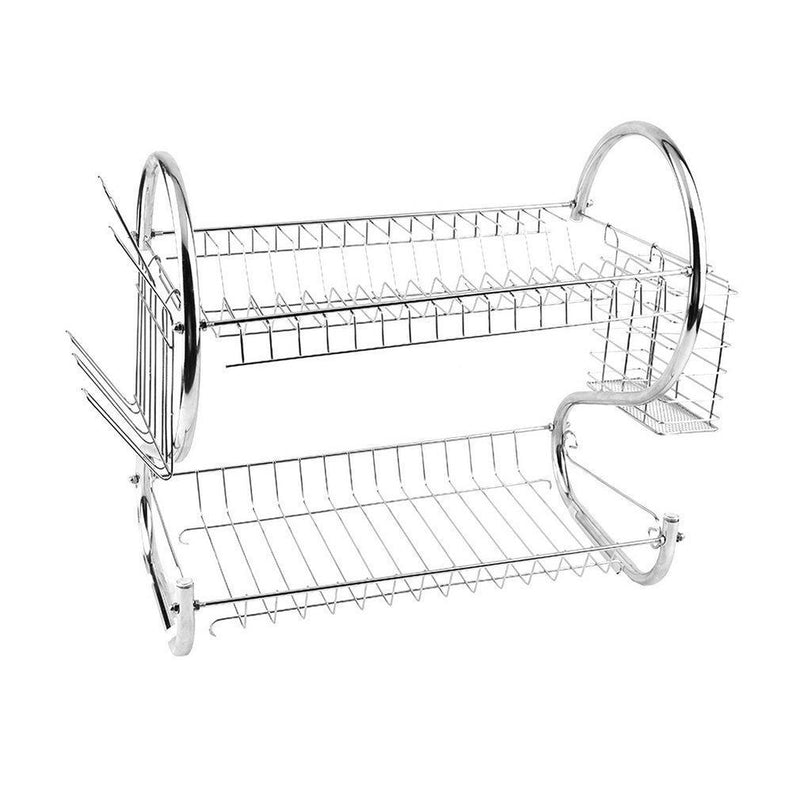 2-Tier Kitchen Dish Plate Storage Organizer and Drying Rack with Removable White Utensil Holder, Chrome-Plated