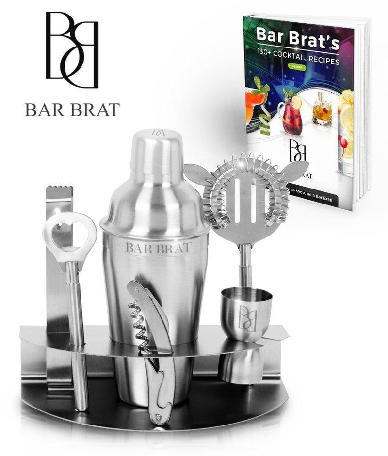 Premium 7 Piece Cocktail Making Set & Bar Shaker Kit by Bar Brat ™ / Free 130 Cocktail Recipe (ebook) Included/Pre-Built Stainless Steel Stand For All Your Bar Pieces