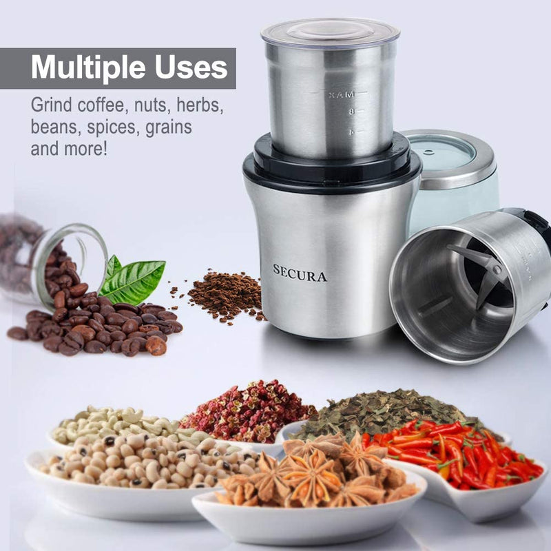 Secura Electric Coffee Grinder and Spice Grinder with 2 Stainless Steel Blades Removable Bowls