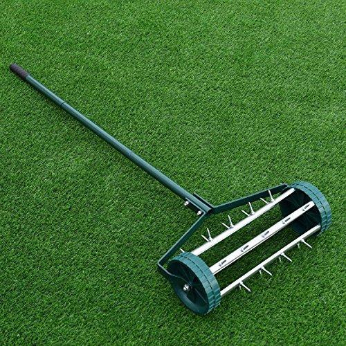 Rolling Lawn Aerator 18-inch Garden Yard Rotary Push Tine Heavy Duty Spike Soil Aeration, 50-in Handle (Silver)