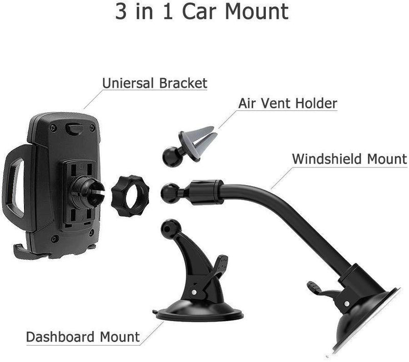 Car Phone Mount, Vansky 3-in-1 Universal Cell Phone Holder Car Air Vent Holder Dashboard Mount Windshield Mount for iPhone Xs Max R X 8 Plus 7 Plus 6S Samsung Galaxy S9 S8 Edge S7 S6 LG Sony and More